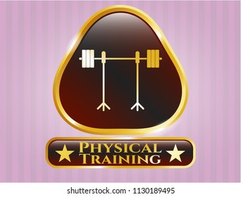  Gold emblem or badge with barbell on rack icon and Physical Training text inside