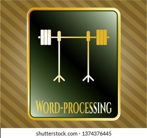  Gold emblem or badge with barbell on rack icon and Word-processing text inside