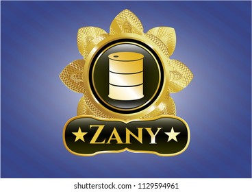  Gold emblem or badge with barrel icon and Zany text inside