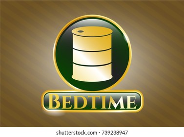 Gold emblem or badge with barrel icon and Bedtime text inside