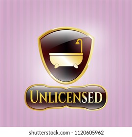  Gold emblem or badge with bathtub icon and Unlicensed text inside