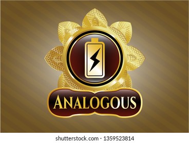  Gold emblem or badge with battery charging icon and Analogous text inside