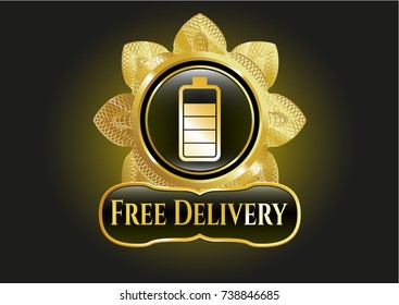  Gold emblem or badge with battery icon and Free Delivery text inside