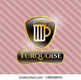  Gold emblem or badge with beer jar icon and Turquoise text inside