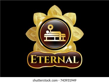  Gold emblem or badge with bench press icon and Eternal text inside