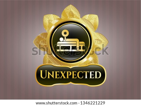  Gold emblem or badge with bench press icon and Unexpected text inside