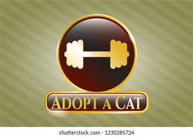  Gold emblem or badge with big dumbbell icon and Adopt a Cat text inside