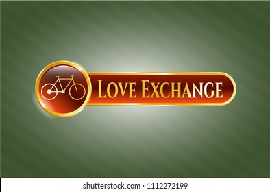  Gold emblem or badge with bike icon and Love Exchange text inside