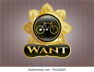  Gold emblem or badge with bike icon and Want text inside