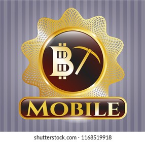  Gold emblem or badge with bitcoin mining icon and Mobile text inside