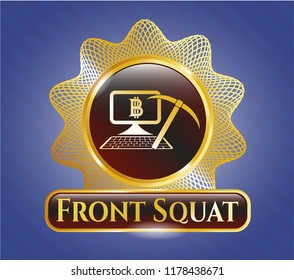  Gold emblem or badge with bitcoin mining icon and Front Squat text inside