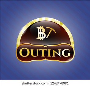  Gold emblem or badge with bitcoin mining icon and Outing text inside