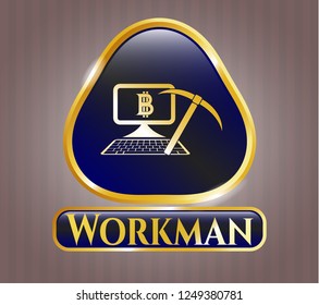  Gold emblem or badge with bitcoin mining icon and Workman text inside