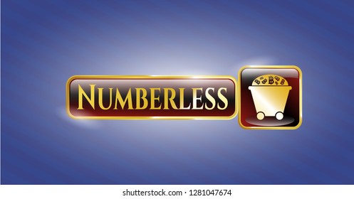  Gold emblem or badge with Bitcoin mining trolley icon and Numberless text inside