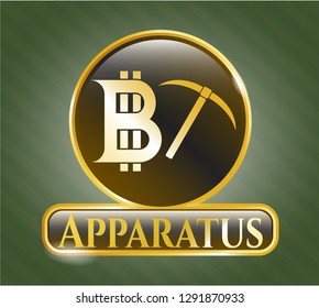  Gold emblem or badge with bitcoin mining icon and Apparatus text inside