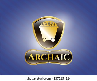  Gold emblem or badge with Bitcoin mining trolley icon and Archaic text inside