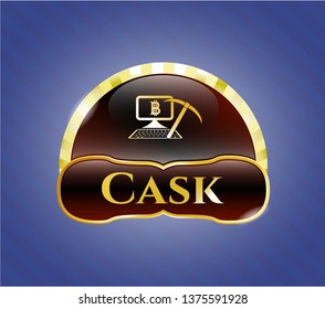  Gold emblem or badge with bitcoin mining icon and Cask text inside