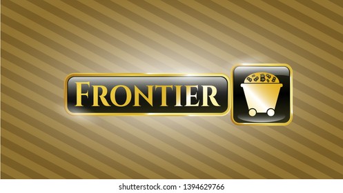  Gold emblem or badge with Bitcoin mining trolley icon and Frontier text inside