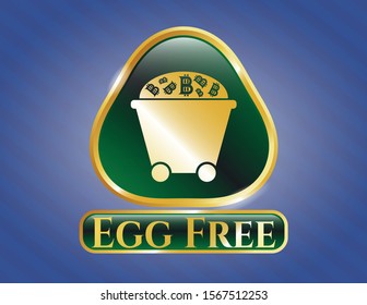  Gold emblem or badge with Bitcoin mining trolley icon and Egg Free text inside
