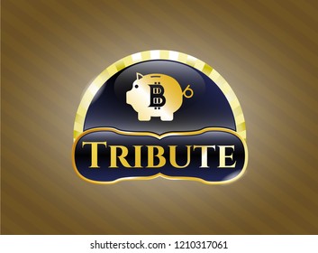  Gold emblem or badge with bitcoin piggy bank icon and Tribute text inside