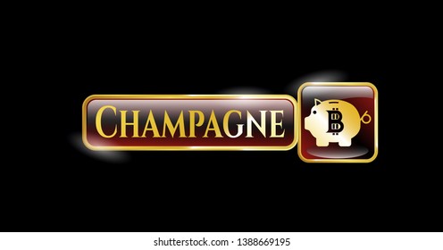  Gold emblem or badge with bitcoin piggy bank icon and Champagne text inside