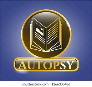  Gold emblem or badge with book icon and Autopsy text inside