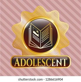  Gold emblem or badge with book icon and Adolescent text inside