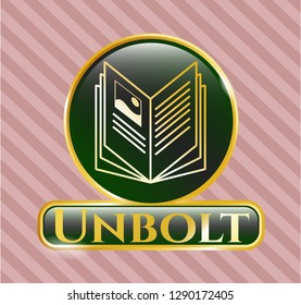  Gold emblem or badge with book icon and Unbolt text inside