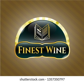  Gold emblem or badge with book icon and Finest Wine text inside