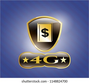  Gold emblem or badge with book with money symbol inside icon and 4G text inside