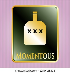  Gold emblem or badge with bottle of alcohol icon and Momentous text inside