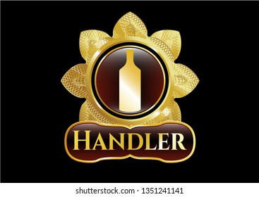  Gold emblem or badge with bottle icon and Handler text inside