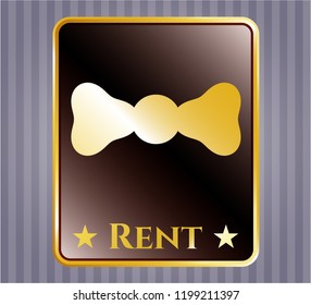  Gold emblem or badge with bow tie icon and Rent text inside