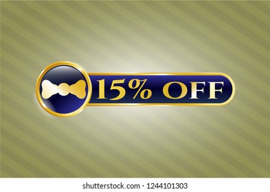  Gold emblem or badge with bow tie icon and 15% off text inside