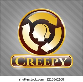  Gold emblem or badge with brain storm icon and Creepy text inside