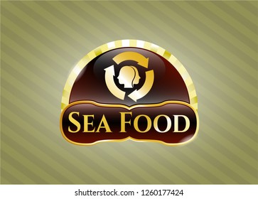  Gold emblem or badge with brain storm icon and Sea Food text inside