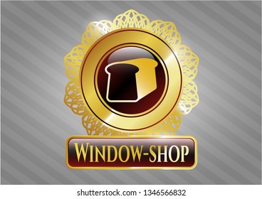  Gold emblem or badge with bread icon and Window-shop text inside