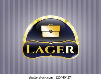 Gold emblem or badge with briefcase icon and Lager text inside