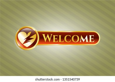  Gold emblem or badge with broken heart icon and Welcome text inside