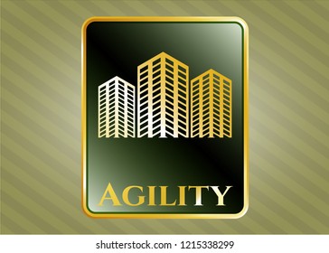  Gold emblem or badge with buildings icon and Agility text inside