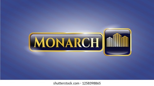  Gold emblem or badge with buildings icon and Monarch text inside