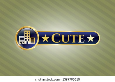  Gold emblem or badge with buildings icon and Cute text inside