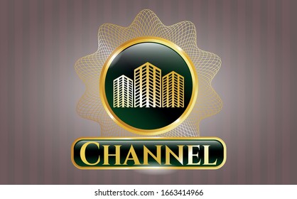  Gold emblem or badge with buildings icon and Channel text inside