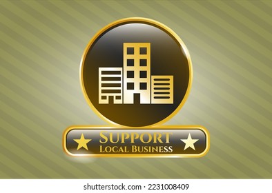 Gold emblem or badge with buildings icon and Support Local Business text inside