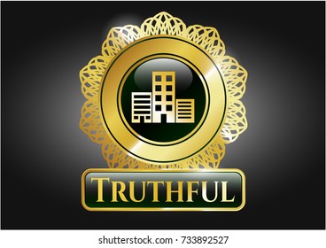  Gold emblem or badge with buildings icon and Truthful text inside