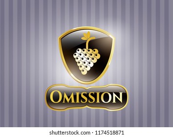  Gold emblem or badge with bunch of grapes icon and Omission text inside
