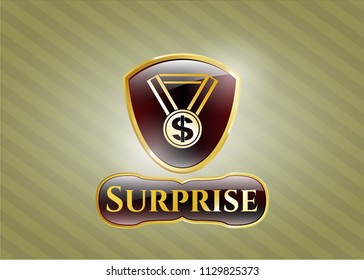  Gold emblem or badge with business award icon and Surprise text inside