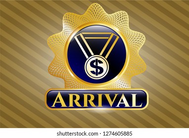 Gold emblem or badge with business award icon and Arrival text inside