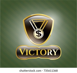  Gold emblem or badge with business award icon and Victory text inside