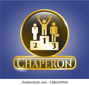  Gold emblem or badge with business competition, podium icon and Chaperon text inside